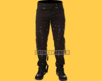Men Gothic Punk Rock Pants Black Cotton Studded Trousers cyberpunk clothing