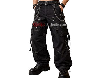 Männer Gothic Strap Cargo Hose mit Ketten & Schnallen Schwarz Weites Bein Streetwear