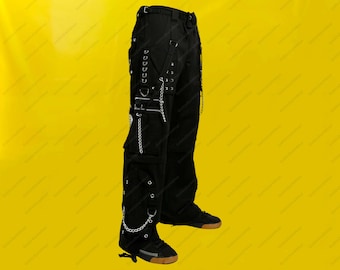 Men Black Gothic Cargo Pants | Studded Bondage Pants with D-Rings & Zippers Pants