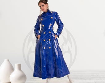 Frauen Rot oder Blau PVC Vinyl Langer Trenchcoat | Glanzvoller Regenmantel Emo Gothic Fashion Mantel