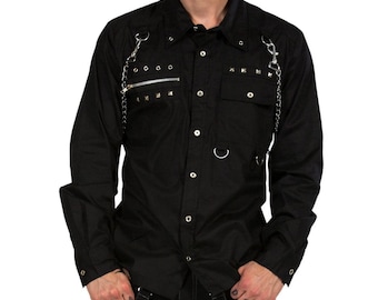 Herren Gothic Langarm-Shirt | Zip, Kette und Metall Nieten Punk Shirt