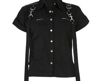 Herren Gothic Steampunk Shirt - Kurzarm schwarzes Zip-Shirt