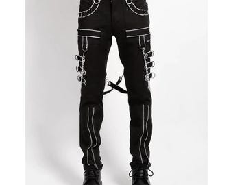 Handgemachte Gothic Band Hose Schwarz & Weiß Trim, Abnehmbare Ketten