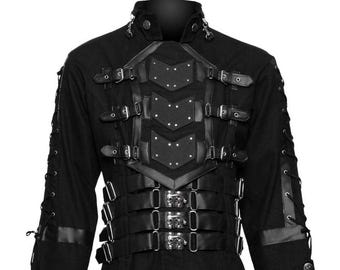 Abrigo gótico de Pinhead de Dark Hellraiser para hombre / Gabardina larga de vampiro con hebillas y cuello alto.