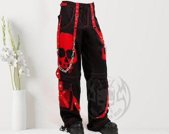 Männer Gothic Red Skull Hose Dark Street Punk Hose | Baggy Gothic Hose mit Totenkopf Stickerei Hose