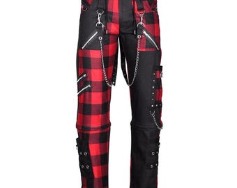 Herren Red & Black Gothic Hose | Rote Faden Damned Karierte Punk Hose mit Ketten Hose