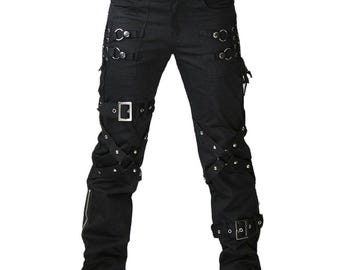 Männer Schwarz Cyberpunk Totenkopf Hose | Gothic Baumwoll Hose mit Schnallen & Ketten Hose