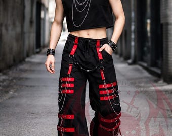 Men Black and Red Gothic Cargo Pants with Straps, Chains and Buckles | Punk Tactical Streetwear Trousers