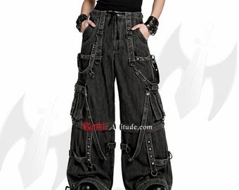 Unisex Gothic Cargohose mit Ketten & Schnallen | Schwarze Zip-Off Baggy Hose im Tripp Style