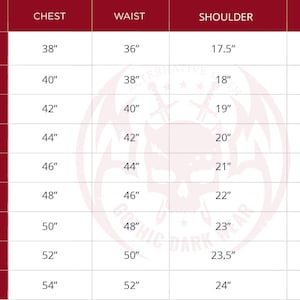 Puede incluir: Una tabla de tallas con medidas en pulgadas para pecho, cintura, hombro y manga. Las tallas van de XS a 5XL. La tabla est&aacute; sobre un fondo blanco con un encabezado y texto en rojo oscuro.