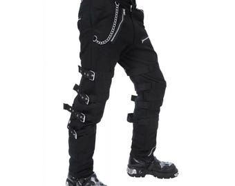 Männer Schwarz Cyberpunk Totenkopf Hose | Gothic Baumwoll Hose mit Schnallen & Ketten Hose