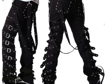 Pantalones góticos negros para hombre / Pantalones con hebilla rockera y anilla en D en blanco y negro.