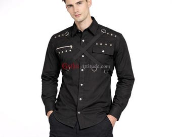Männer Gothic Shirt Punk X-Style Skull Print Shirt D-Ring Shirt