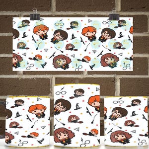 May include: A white ceramic mug featuring a repeating pattern of cartoon characters with brown, red, and bushy hair, alongside icons of round glasses, lightning bolts, wands, and pointed hats. The design includes small red and yellow stars on a white background.