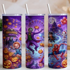 Diseño PNG de vaso delgado de 20 oz con temática de Halloween, Joker, Chucky, Pennywise, Ghostface y Spider-Man (sublimación). Descarga digital.