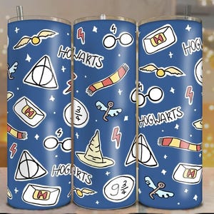 May include: A blue tumbler featuring a repeating pattern of white and yellow Harry Potter-themed graphics. The design includes the Hogwarts logo, lightning bolts, glasses, scarves, and the words "Hogwarts". The tumbler has a silver straw.