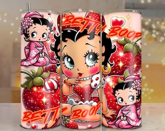 Kawaii Betty Boop Tumbler Wrap PNG: Strawberry Kimono Design (Digital Download)
