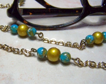 Blue and Gold Eyeglass Chain, One of a Kind, Chain For Glasses, 27 Inches, Light Weight