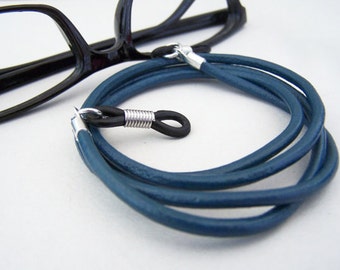 Iris Blue Eyeglass Chain, Custom Lengths, 26 to 36 inches, 3mm Leather, Eyeglass Cord, Eyeglass Necklace, Chain for Glasses