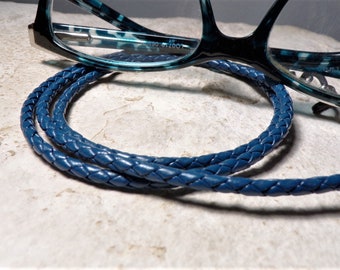 Iris Blue Eyeglass Chain, Leather Chain for Eyeglasses, Custom Made 24-36 Inches by eyewearglamour