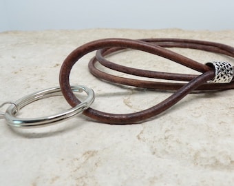 Black ID Lanyard, Leather Cord, Badge Holder, Round Leather Cord, 28-36 Inchs, Mens Lanyard,