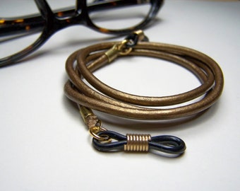Metallic Brass, Eyeglasses Holder, 3mm Leather, Custom Length 24-36 Inches, Eyeglass Cord, Chain for Glasses, by Eyewearglamour