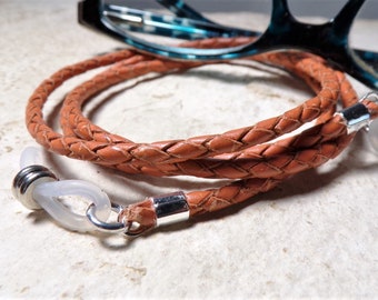 Unisex Orange Leather, Chain for Glasses, Readers Eyeglass Cord, Eyeglass Necklace, by Eyewearglamour