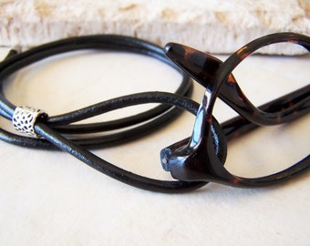 Black Leather Eyeglasses Necklace, Lanyard, Eyeglass Loop, 28-36 inch, Eyeglass Holder, Eyeglass Chain