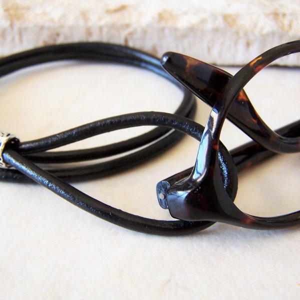 Black Leather Eyeglasses Necklace, Lanyard, Eyeglass Loop, 28-36 inch, Eyeglass Holder, Eyeglass Chain