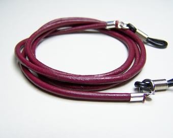 Berry Leather Eyeglass Chain: Custom Length 3mm Cord