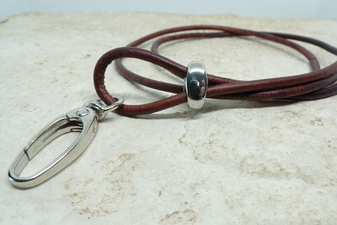 Mens Rustic Lanyard, Red Brown Leather, Id Lanyard, Badge Holder