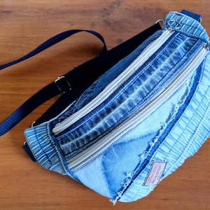 Patchwork denim boro bum bag, upcycled jeans crossbody bag, hand made, adjustable strap, unique statement bag
