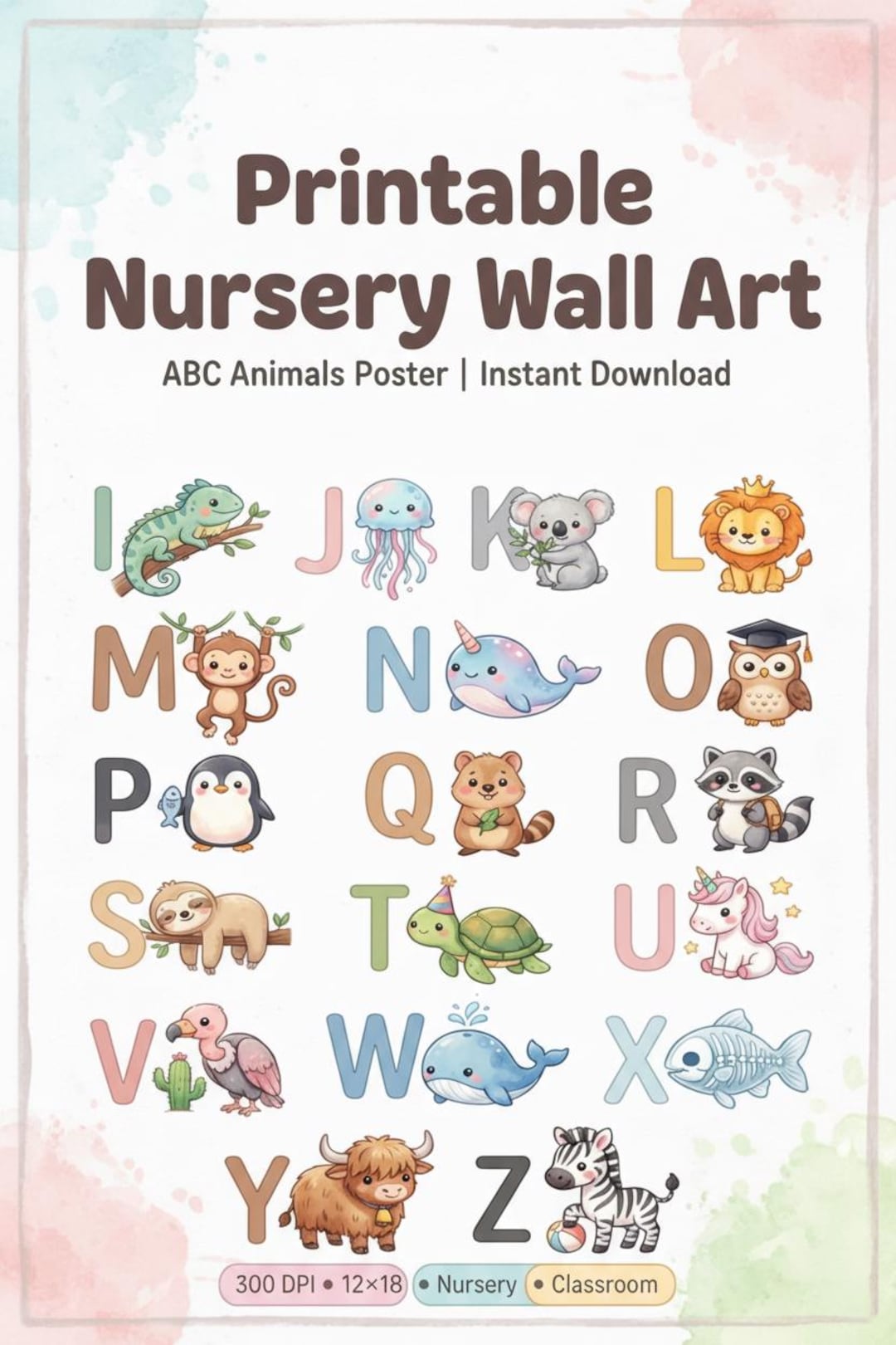 Watercolor ABC Animals Poster | Alphabet Chart for Kids | Baby Room ...