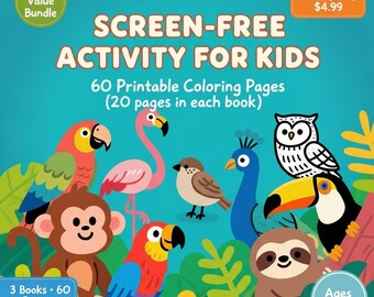 Printable Kids Coloring Book Bundle: Animals, Birds, Sea Life (PDF)