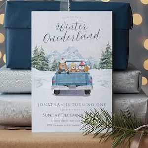 Winter ONEderland Birthday Invitation • Blue Winter Birthday Invite • Woodland Animals Truck Invitation • Boy 1st Birthday Printable