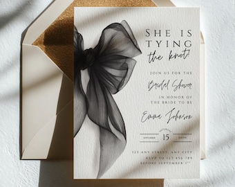 Modèle d'Invitation pour la douche nuptiale, elle fait le noeud, MODIFIER l'invitation nuptiale de douche avec ruban noir, invitation à un EVJF, impression