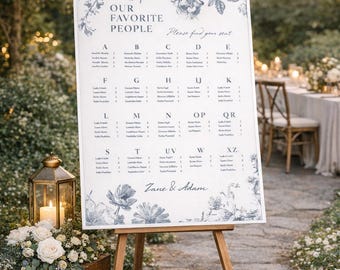 Plantilla editable de plano de asientos para bodas, lista de invitados alfabética imprimible