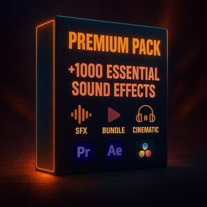 Peut inclure: Boîte noire avec les mots "PREMIUM PACK" et "+1000 ESSENTIAL SOUND EFFECTS" en orange. Icônes pour SFX, Bundle et Cinematic en dessous. Icônes de logiciels Pr, Ae et une icône d'étalonnage des couleurs sont également présentes.