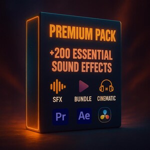 Peut inclure: Une boîte noire avec les mots "PREMIUM PACK" et "+200 ESSENTIAL SOUND EFFECTS" en orange. En dessous, des icônes pour SFX, Bundle et Cinematic, avec les logos logiciels Pr, Ae et DaVinci Resolve. La boîte a un contour orange.