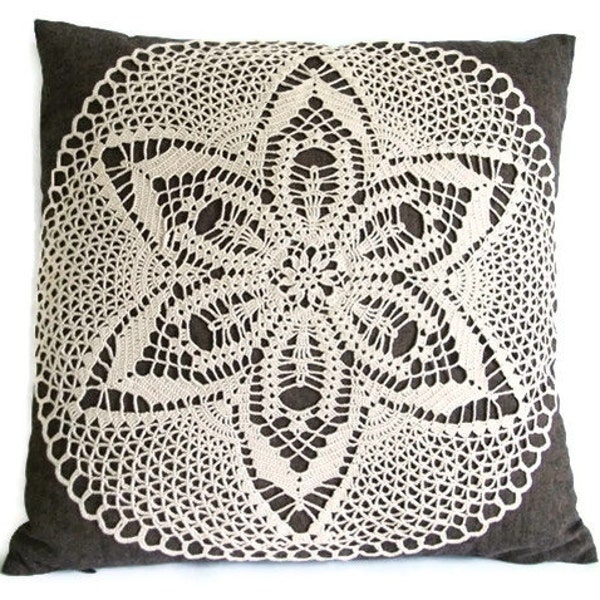 Vintage throw pillow,Handmade Brown linen/cotton pillow cover, Crochet Appliqued pillowcase