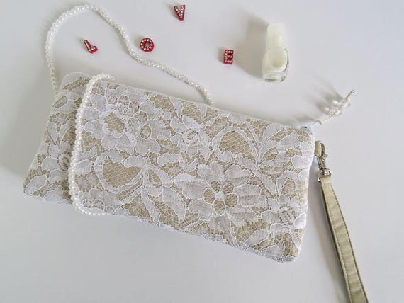 Bridal Wristlet Clutch White Lace on Nude Wedding Purse | Etsy