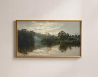 Neutral Landscape Samsung Frame TV Art, Mist River Reflection, Moody Cottagecore Painting, 16:9 (4K) Digital Download