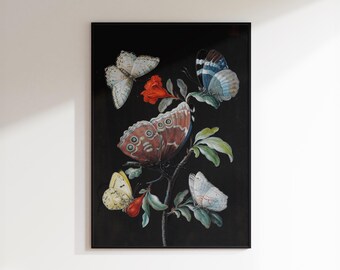 Vintage Butterfly Print, Dark Botanical Wall Art, Moody Moth Poster, Antique Insect Illustration, Dark Academia Decor, DIGITAL DOWNLOADS