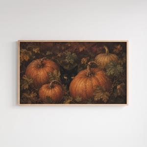 Op de afbeelding: Een rechthoekige ingelijste wandkunstprint met een donkere, sfeervolle scène van drie oranje pompoenen tussen herfstbladeren en wijnstokken, met een zwarte kat die uit de schaduw kijkt, waarbij de heldere gele ogen in het midden zichtbaar zijn.