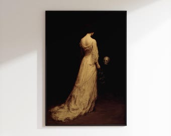 Dark Academia Wall Art - Moody Oil Painting - Victorian Woman with Skull Print - Gothic Memento Mori Oil Painting - Digital Download