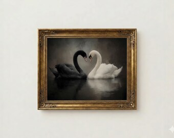 Moody Romantic Painting - Black and White Swans Heart Print - Dark Academia Decor, Vintage Style Digital Painting