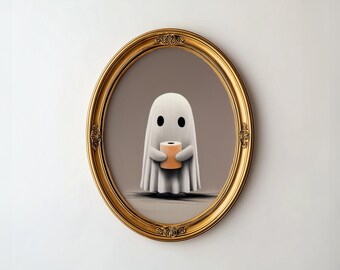 May include: A whimsical illustration of a cartoon ghost holding a roll of orange toilet paper, framed within an ornate gold oval frame. The ghost is white with black eyes, set against a neutral background. The frame is detailed with decorative flourishes.