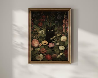 Black Cat Wall Art Printable - Dark Academia Floral Painting, Romantic Surreal Artwork,  Vintage Style Moody Home Decor DIGITAL DOWNLOAD