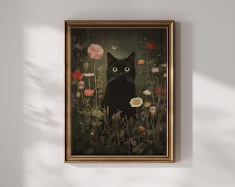 Black Cat Academia Art Print - Gothic Wall Art, Mystical Enchanted Garden Painting, Surrealist Floral Printable DIGITAL DOWNLOAD