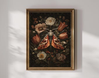 Dark Academia Wall Art - Stampa surreale di falene e fiori, arte gotica botanica, poster floreale malinconico DOWNLOAD DIGITALE